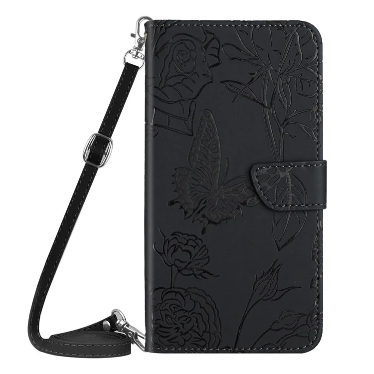 For Samsung Galaxy M13 4G Stand Wallet Phone Case PU Leather Butterfly Flowers Imprinting Skin-touch Protective Cover with Shoulder Strap - Black