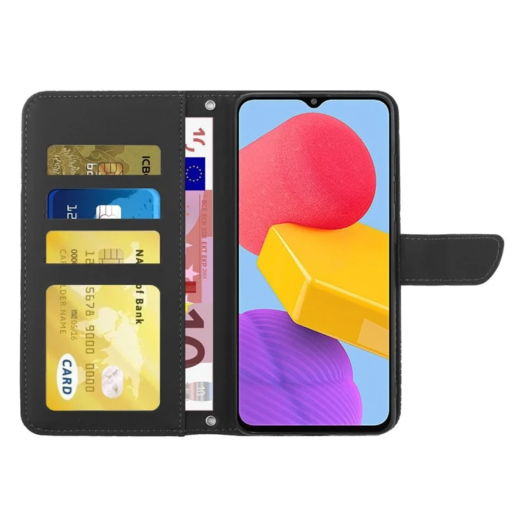 Für Samsung Galaxy M13 4G Stand Wallet Phone Hülle PU Leder Schmetterlingsblüten Blüten Prägen Haut-touch-schutzabdeckung Mit Schultergurt - Schwarz