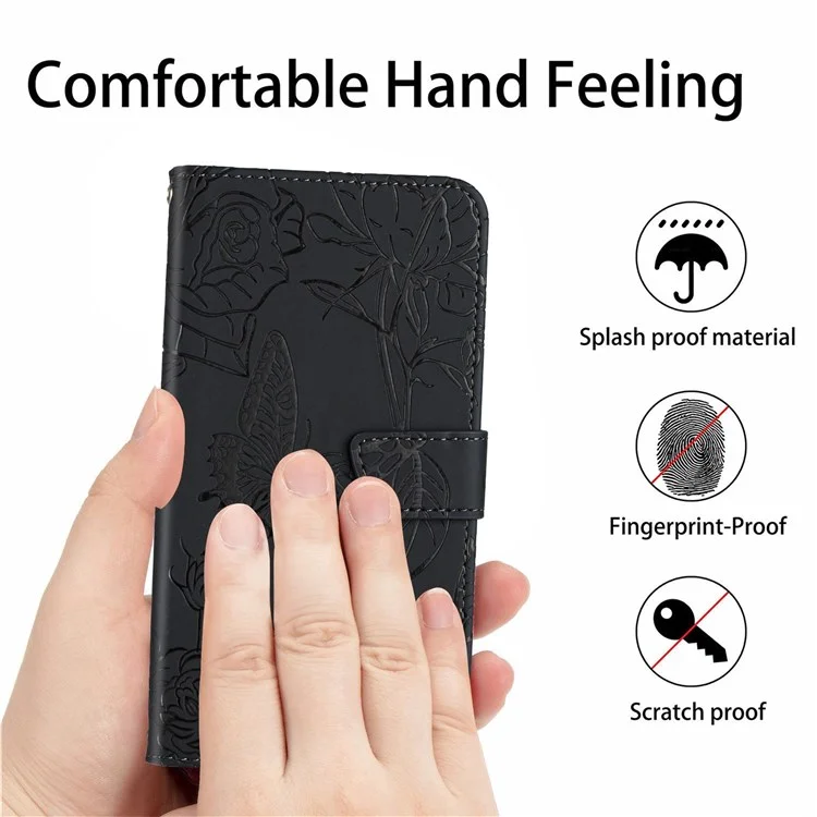 Für Samsung Galaxy M13 4G Stand Wallet Phone Hülle PU Leder Schmetterlingsblüten Blüten Prägen Haut-touch-schutzabdeckung Mit Schultergurt - Schwarz