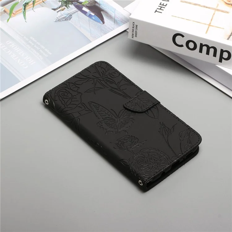 Para Samsung Galaxy M13 4G Stand Phone Caixa de Telefone PU Curra Flores de Borboleta Imprimindo Tampa Protetora da Pele Com Alça de Ombro - Preto