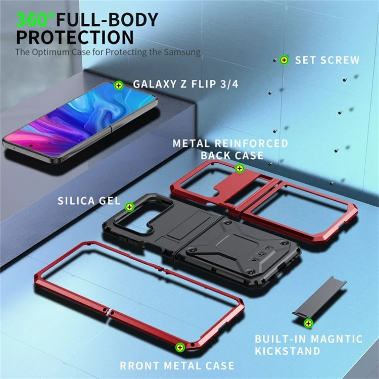 Для Samsung Galaxy Z Flip4 5G Chase Case Metal + Силикон + пк Пыльно-защищенная Защитная Задняя Крышка с Магнитной Кипкой - Красный