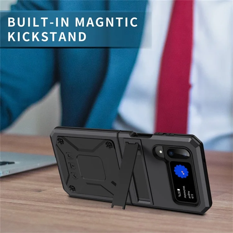 For Samsung Galaxy Z Flip4 5G Phone Case Metal + Silicone + PC Dust-proof Drop-proof Anti-wear Back Cover with Magnetic Kickstand - Black