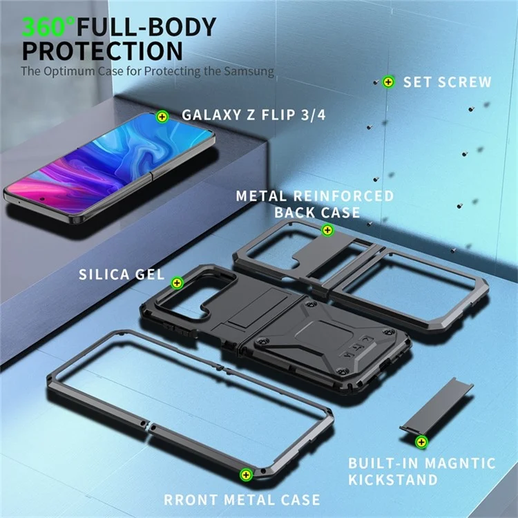 For Samsung Galaxy Z Flip4 5G Phone Case Metal + Silicone + PC Dust-proof Drop-proof Anti-wear Back Cover with Magnetic Kickstand - Black
