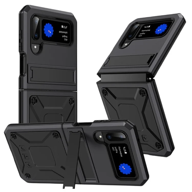Pour Samsung Galaxy Z Flip3 5G Toof-aproof-stropproof Boot Metal + Silicone + PC Couvercle Avec Kickstand Magnétique - le Noir
