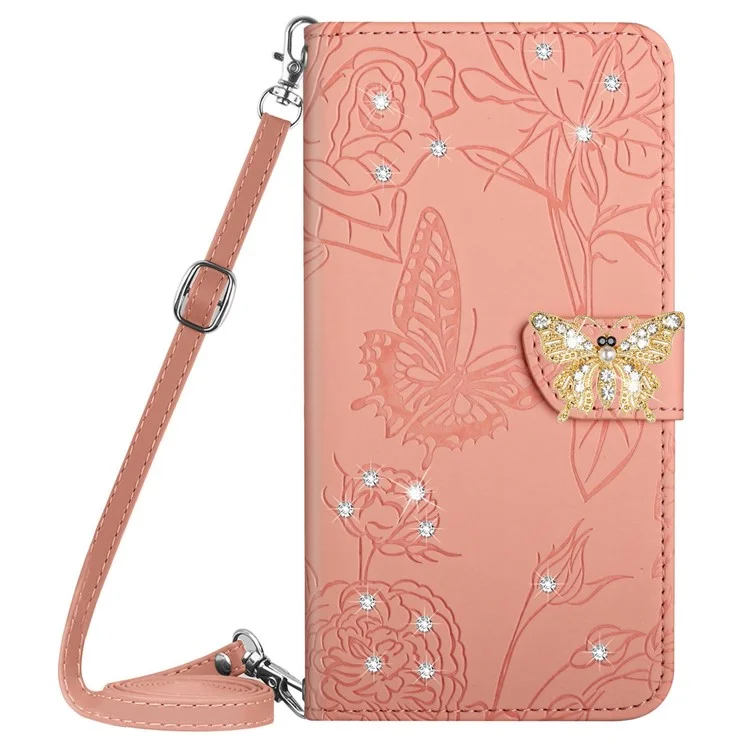 For Samsung Galaxy M13 4G Butterfly Flowers Imprinted Rhinestone Decor Phone Cover Wallet Stand Well-protected Leather Case with Shoulder Strap - Pink