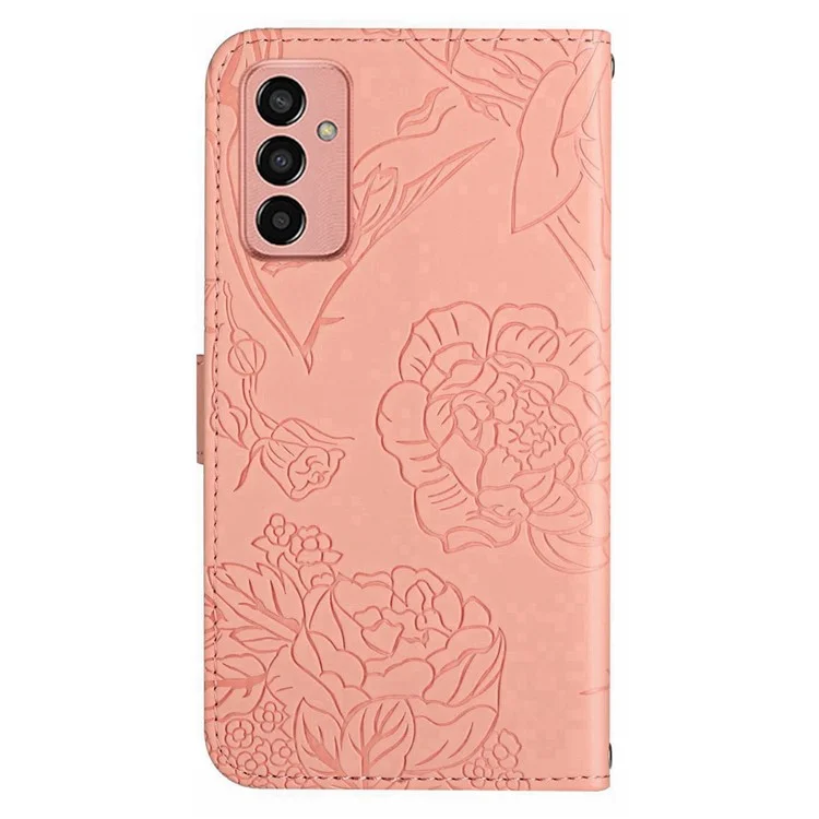 For Samsung Galaxy M13 4G Butterfly Flowers Imprinted Rhinestone Decor Phone Cover Wallet Stand Well-protected Leather Case with Shoulder Strap - Pink