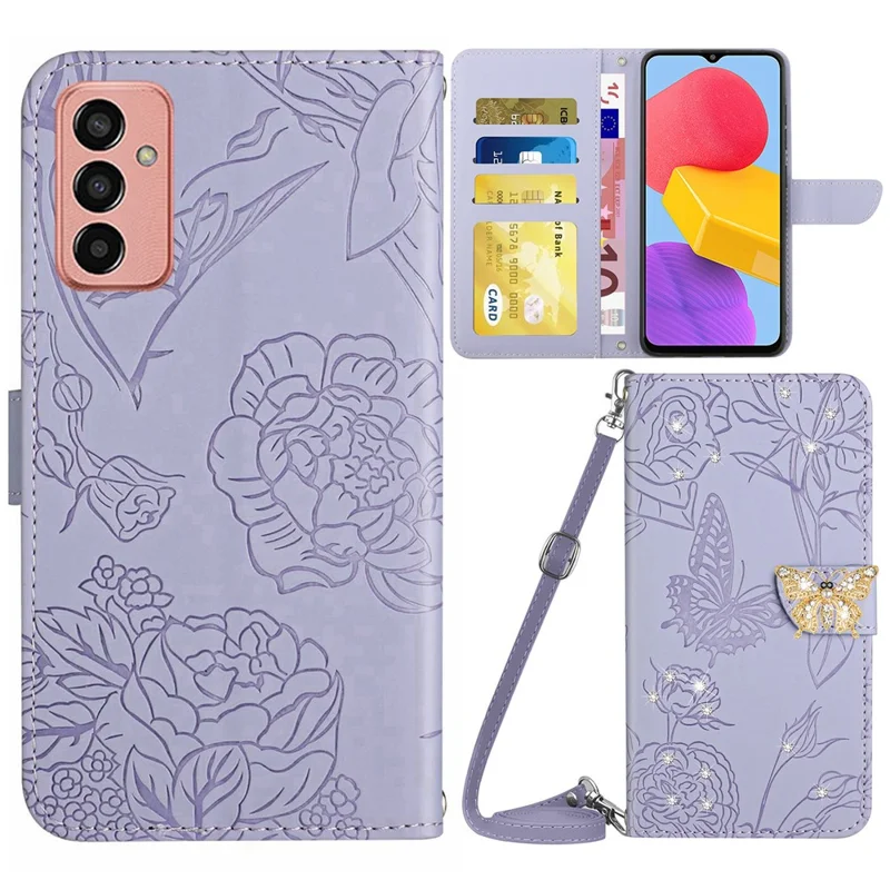 For Samsung Galaxy M13 4G Butterfly Flowers Imprinted Rhinestone Decor Phone Cover Wallet Stand Well-protected Leather Case with Shoulder Strap - Light Purple
