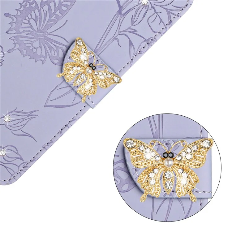 For Samsung Galaxy M13 4G Butterfly Flowers Imprinted Rhinestone Decor Phone Cover Wallet Stand Well-protected Leather Case with Shoulder Strap - Light Purple