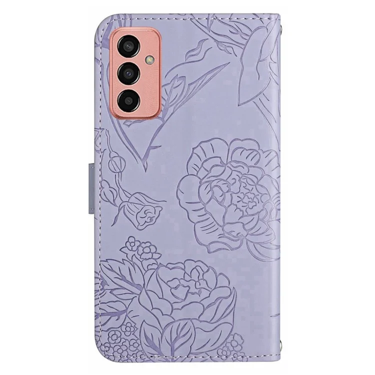 For Samsung Galaxy M13 4G Butterfly Flowers Imprinted Rhinestone Decor Phone Cover Wallet Stand Well-protected Leather Case with Shoulder Strap - Light Purple