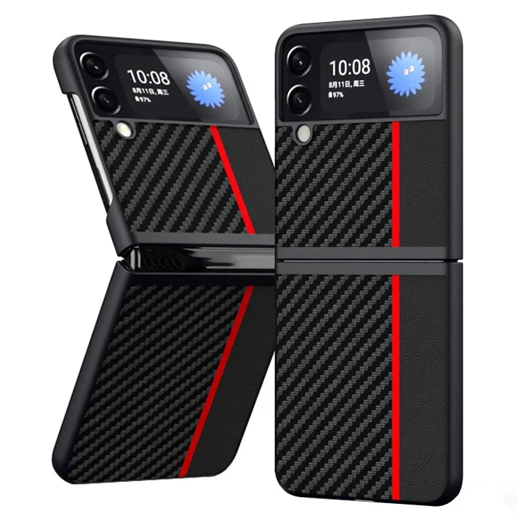 Per Samsung Galaxy Z Flip4 5G Carbon Fiber Texture Splicing Matte Ultra-slim Back Cover Leather+PC Anti-wear Phone Case - Red