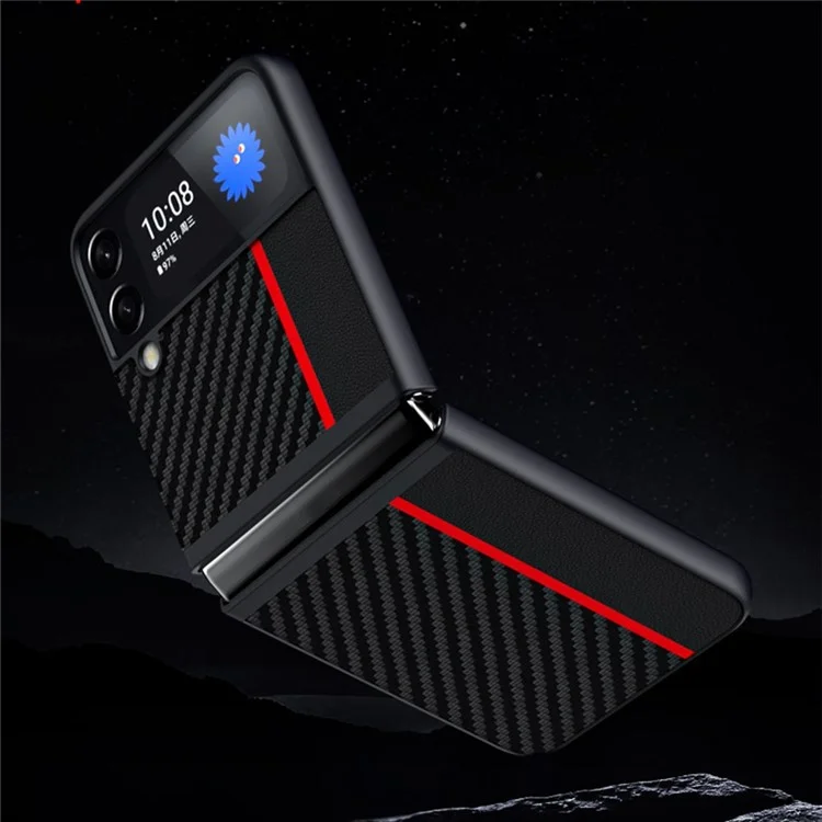 Per Samsung Galaxy Z Flip4 5G Carbon Fiber Texture Splicing Matte Ultra-slim Back Cover Leather+PC Anti-wear Phone Case - Red