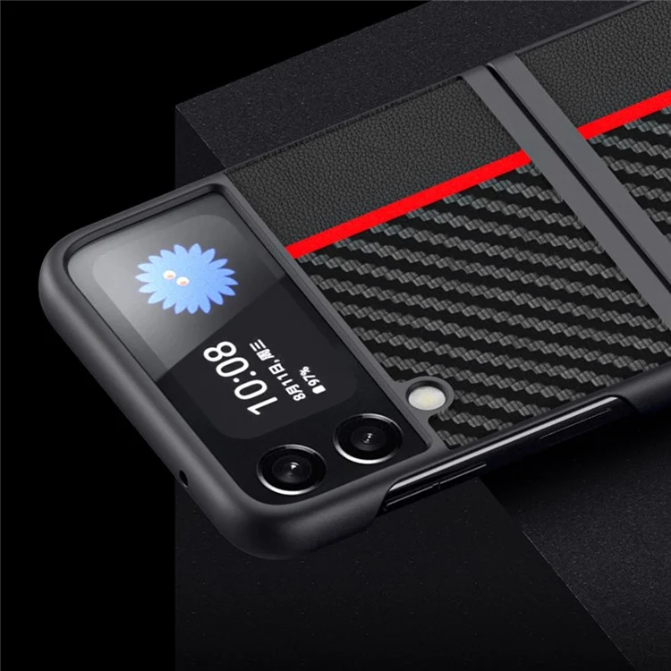 Per Samsung Galaxy Z Flip4 5G Carbon Fiber Texture Splicing Matte Ultra-slim Back Cover Leather+PC Anti-wear Phone Case - Red