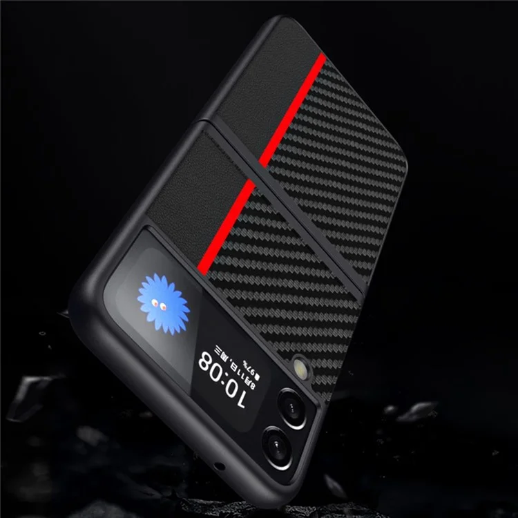Per Samsung Galaxy Z Flip4 5G Carbon Fiber Texture Splicing Matte Ultra-slim Back Cover Leather+PC Anti-wear Phone Case - Red