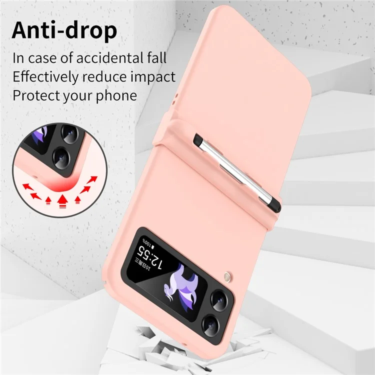 Per Samsung Galaxy Z Flip4 5G / Z Flip3 5G Telefono Pieghevole Copertura Telefonica PC Gommata Anti-drop Custodia Per Pen Con Penna - Rosa