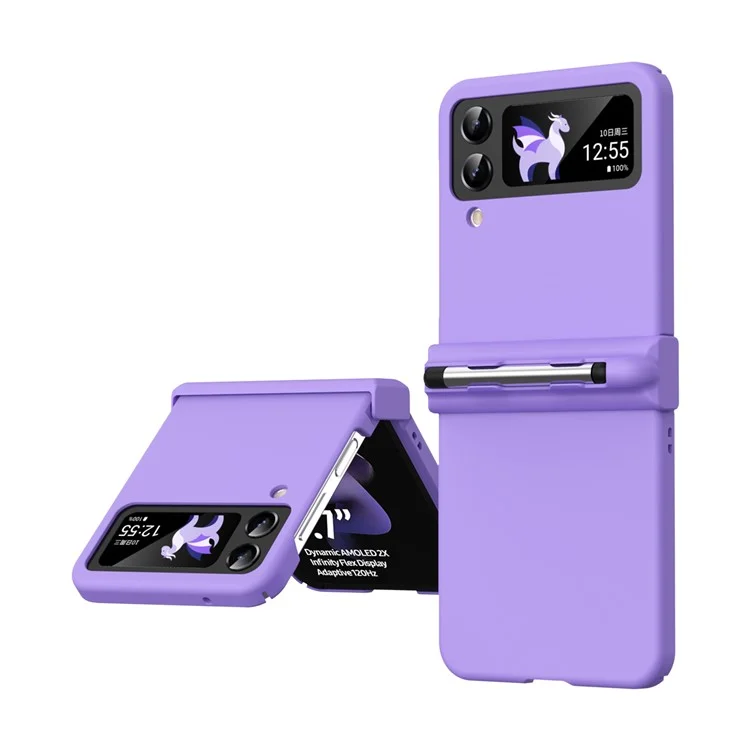 For Samsung Galaxy Z Flip4 5G / Z Flip3 5G Phone Case Folding Phone Cover Anti-drop Rubberized PC Phone Case with Pen - Purple