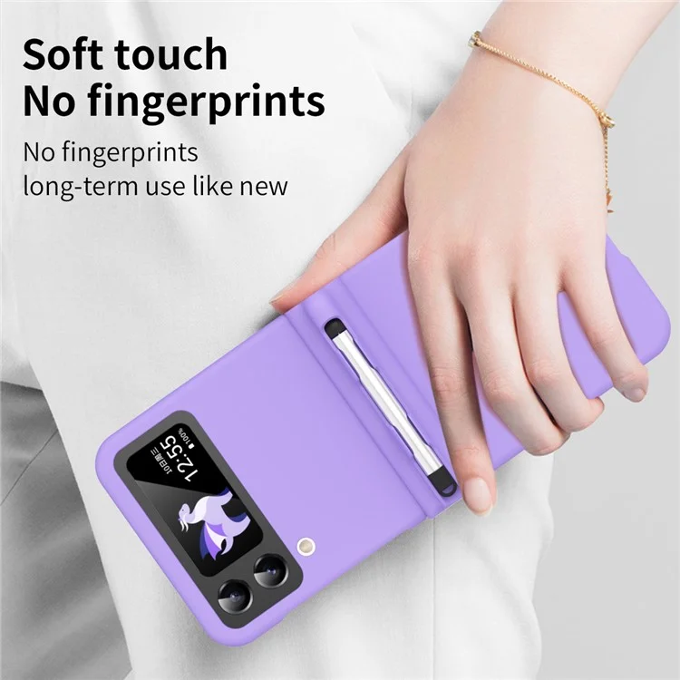 For Samsung Galaxy Z Flip4 5G / Z Flip3 5G Phone Case Folding Phone Cover Anti-drop Rubberized PC Phone Case with Pen - Purple