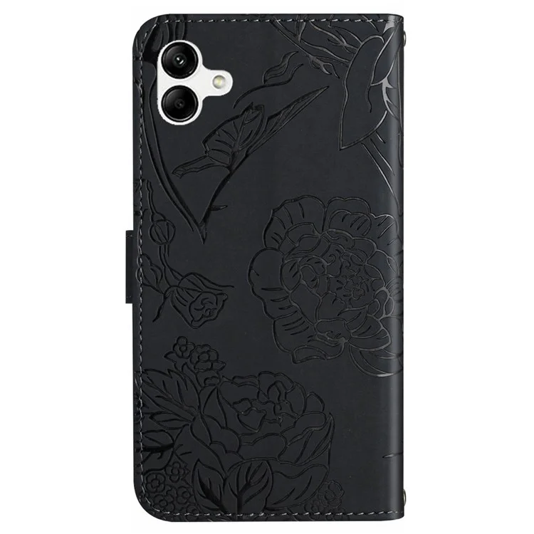 Shockproof Phone Case For Samsung Galaxy A04 4G (164.4 x 76.3 x 9.1 mm), Butterfly Flowers Imprinted Phone Cover PU Leather Skin-touch Stand Wallet Case with Shoulder Strap - Black