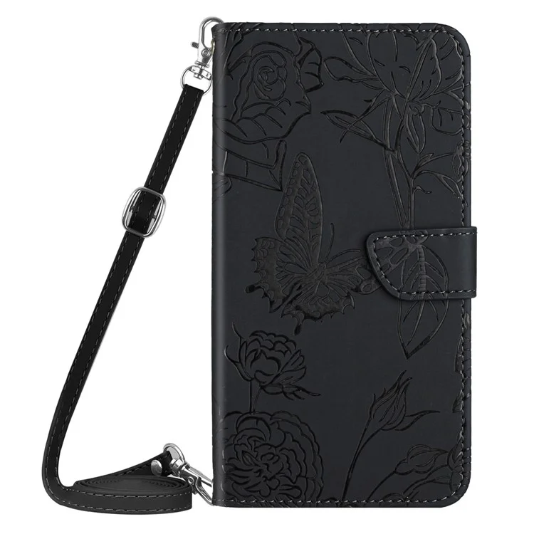 Shockproof Phone Case For Samsung Galaxy A04 4G (164.4 x 76.3 x 9.1 mm), Butterfly Flowers Imprinted Phone Cover PU Leather Skin-touch Stand Wallet Case with Shoulder Strap - Black