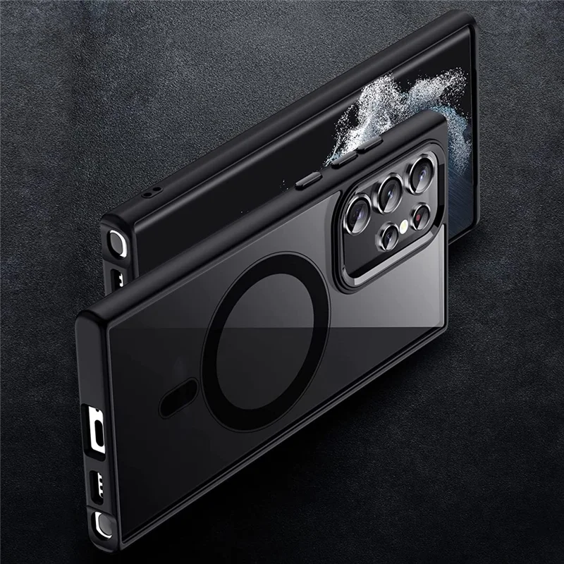 For Samsung Galaxy S22 Ultra 5G Magnetic Case Hard Acrylic Soft TPU Frame Shockproof Clear Cover - Black