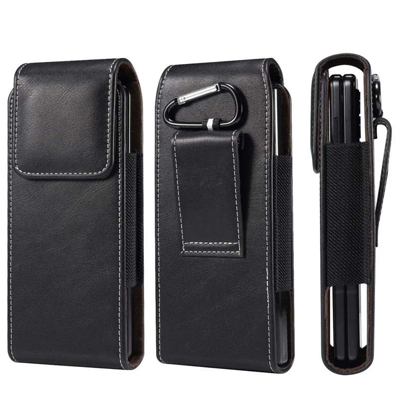 For Samsung Galaxy Z Fold4 5G / Z Fold3 5G / Huawei Mate X Textured Microfiber Leather Belt Loop Waist Bag Vertical Flip Cellphone Holster Case - Black