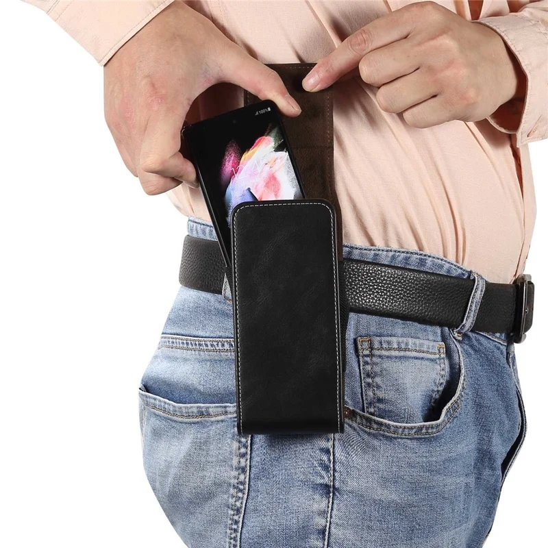 Para Samsung Galaxy Z Fold4 5G / Z Fold3 5G / Huawei Mate X Textured Microfiber Leather Belt Loop Waist Bag Vertical Flip Cellphone Holster Case - Preto