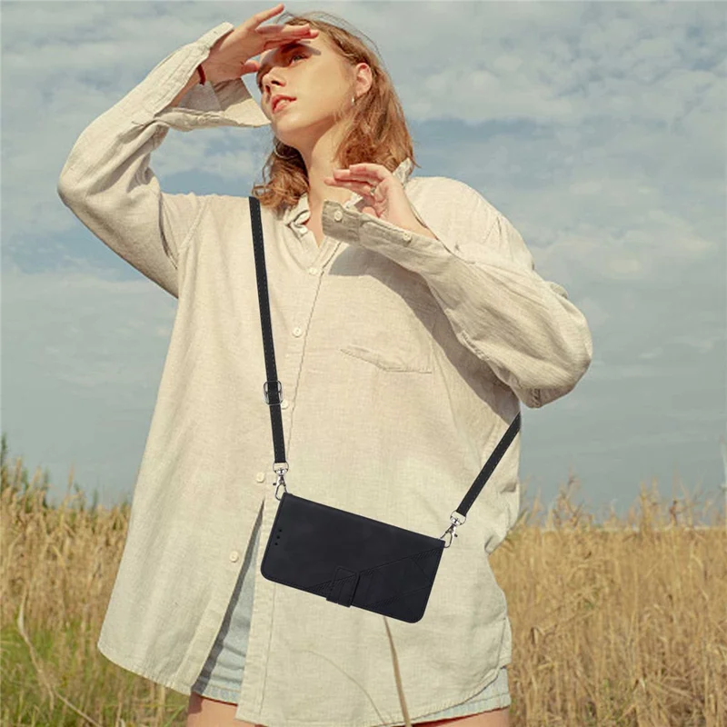 Futerał skórzany z paskiem na ramię, portfel z podstawką do Samsung Galaxy S23 – Czarny