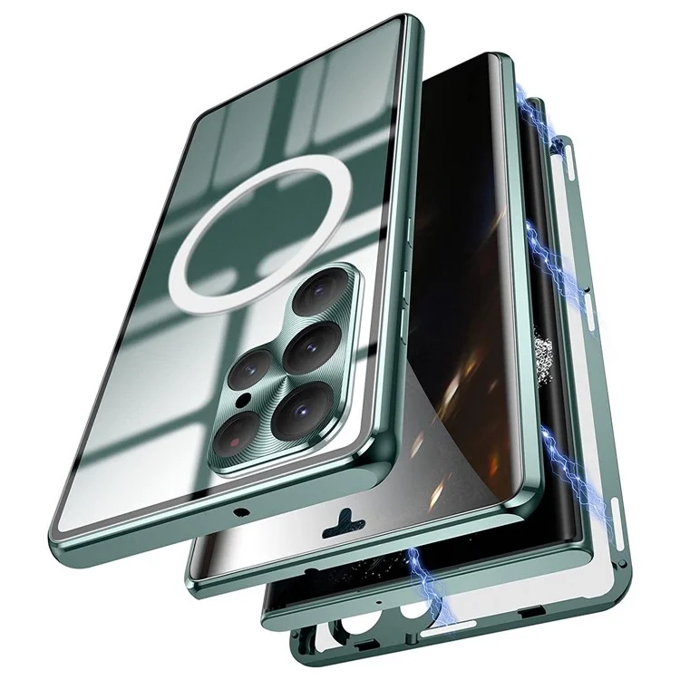 For Samsung Galaxy S22 Ultra 5G Phone Case Matte PC+Metal+ Tempered Glass Magnetic Cover  - Green