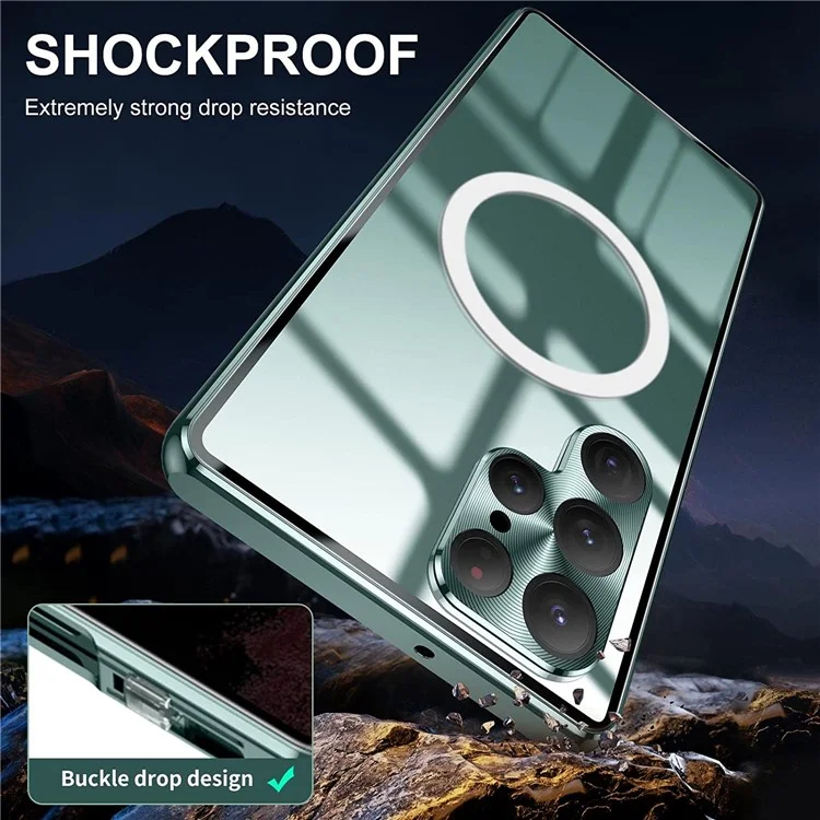 For Samsung Galaxy S22 Ultra 5G Phone Case Matte PC+Metal+ Tempered Glass Magnetic Cover  - Green