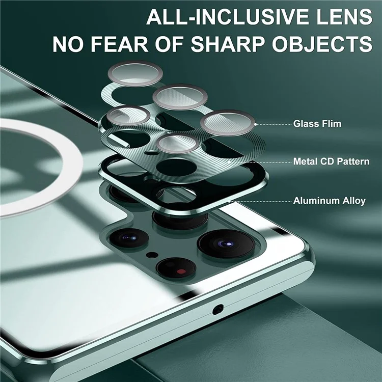 For Samsung Galaxy S22 Ultra 5G Phone Case Matte PC+Metal+ Tempered Glass Magnetic Cover  - Green