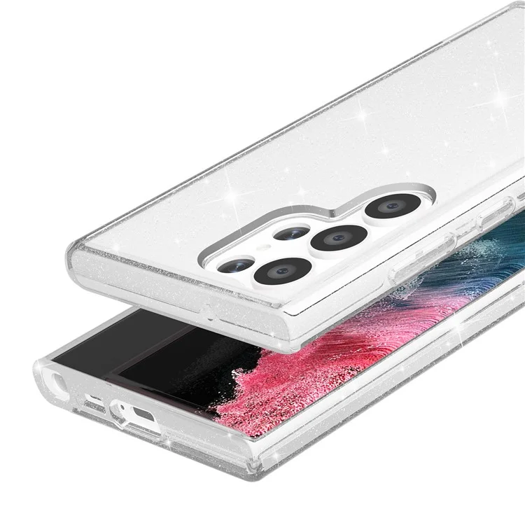 Glitzernde Pulver Smart Phone Case für Samsung Galaxy S23 Ultra, stoßfester TPU-Rand + PC-Rückseite Unterstützung Kabelloses Laden - Weiß