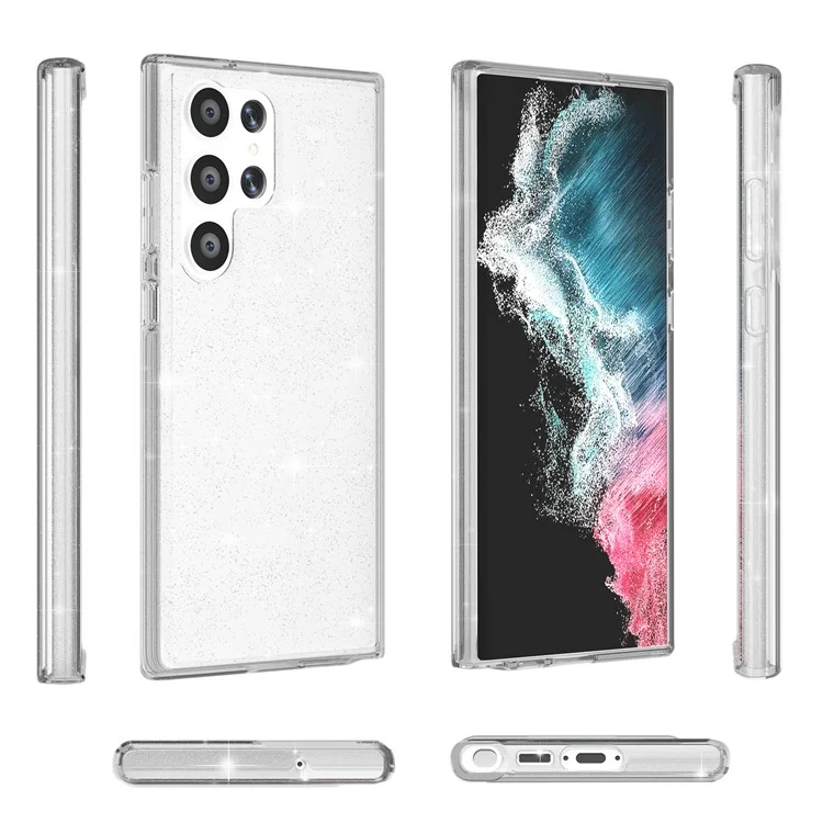 Glitzernde Pulver Smart Phone Case für Samsung Galaxy S23 Ultra, stoßfester TPU-Rand + PC-Rückseite Unterstützung Kabelloses Laden - Weiß
