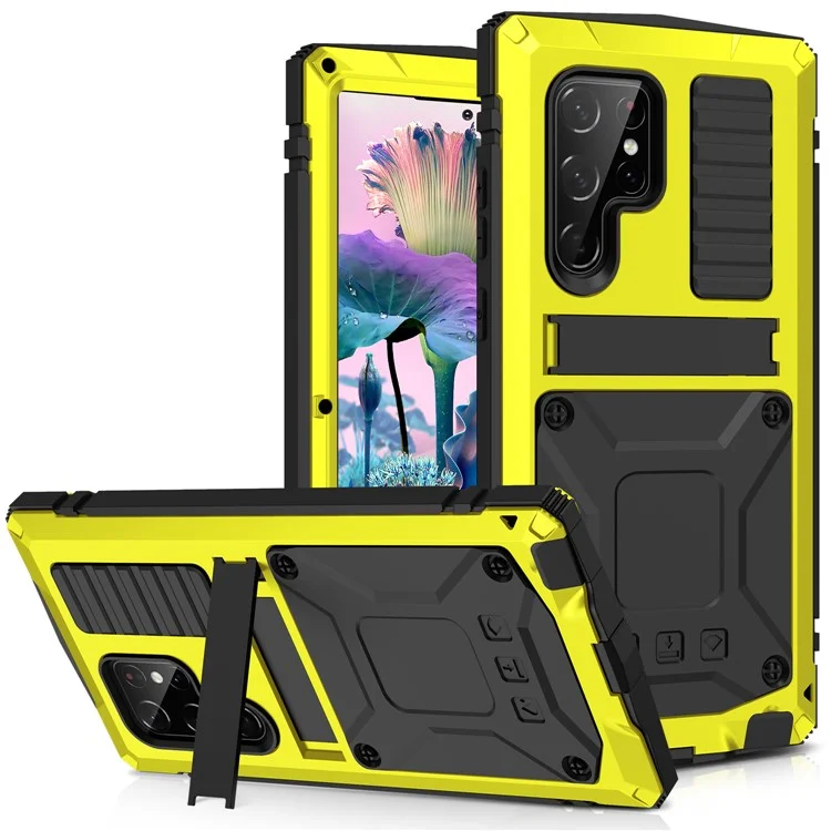 For Samsung Galaxy S23 Ultra Shockproof Phone Case TPU + Metal Hybrid Phone Back Cover Kickstand - Yellow