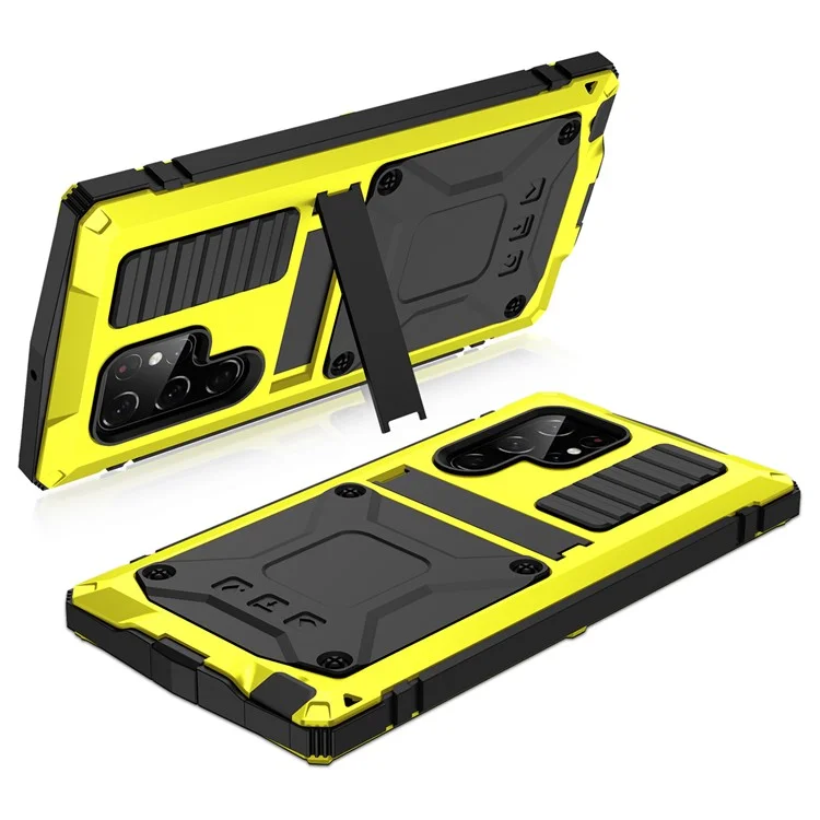 For Samsung Galaxy S23 Ultra Shockproof Phone Case TPU + Metal Hybrid Phone Back Cover Kickstand - Yellow