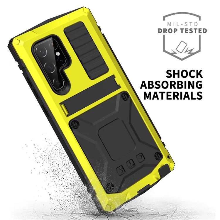 For Samsung Galaxy S23 Ultra Shockproof Phone Case TPU + Metal Hybrid Phone Back Cover Kickstand - Yellow