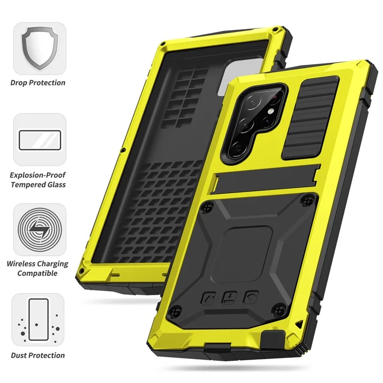 For Samsung Galaxy S23 Ultra Shockproof Phone Case TPU + Metal Hybrid Phone Back Cover Kickstand - Yellow