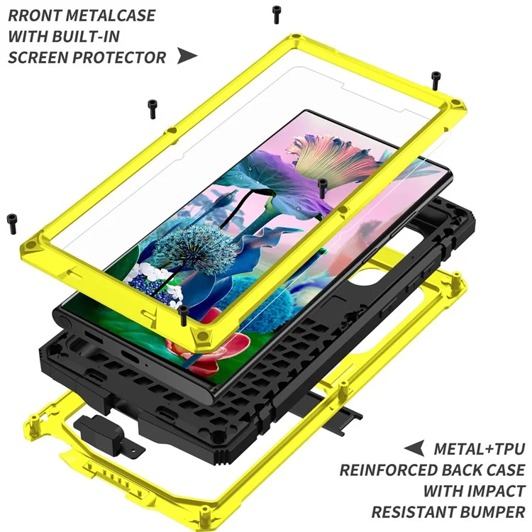 For Samsung Galaxy S23 Ultra Shockproof Phone Case TPU + Metal Hybrid Phone Back Cover Kickstand - Yellow