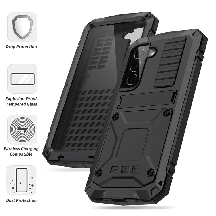 Para Samsung Galaxy S23 Anti-scratch Phone Case TPU + Metal Protective Phone Back Cover Kickstand with Tempered Glass Screen Protector - Preto