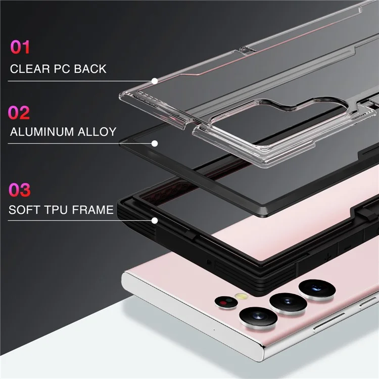 For Samsung Galaxy S23 Ultra PC + TPU + Aluminium Alloy Phone Back Cover Drop-proof Multi-layer Protection Phone Case - Black