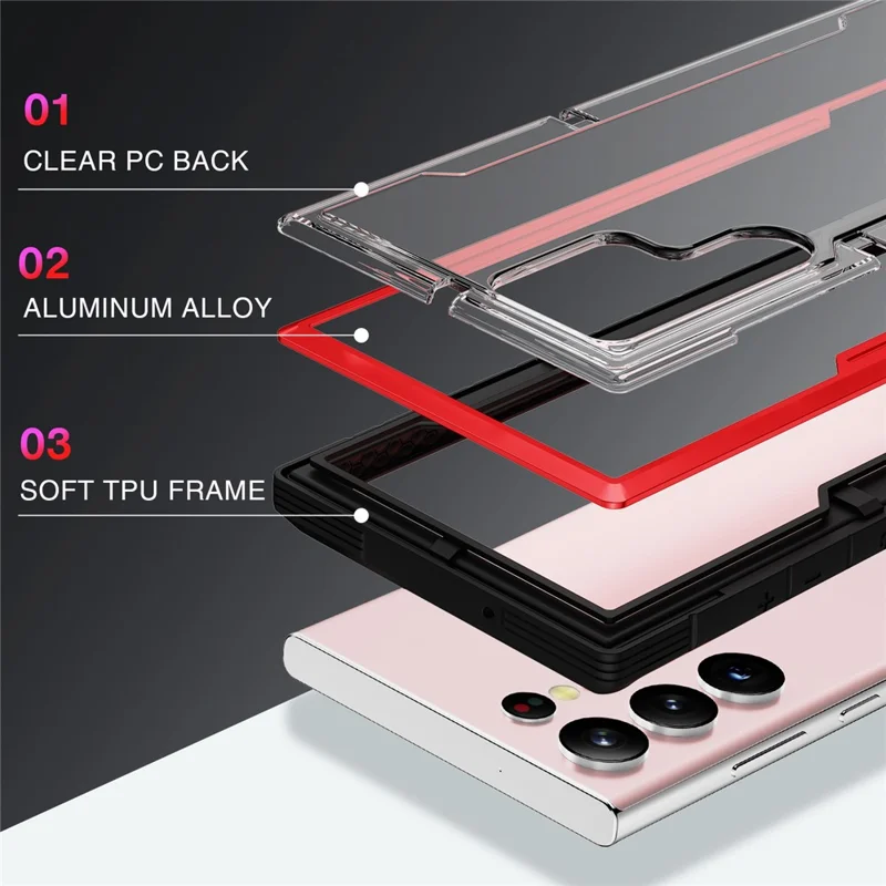 For Samsung Galaxy S23 Ultra PC + TPU + Aluminium Alloy Phone Back Cover Drop-proof Multi-layer Protection Phone Case - Black / Red
