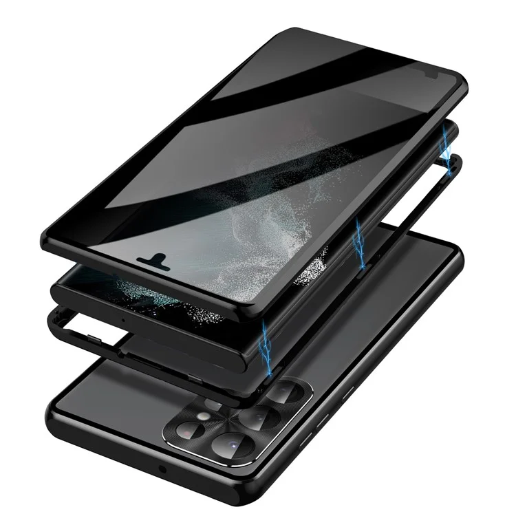 Para Samsung Galaxy S23 Ultra Funda Adsorción Magnética Funda de Teléfono con Cristal Templado Antipeep Doble Cara - Negro
