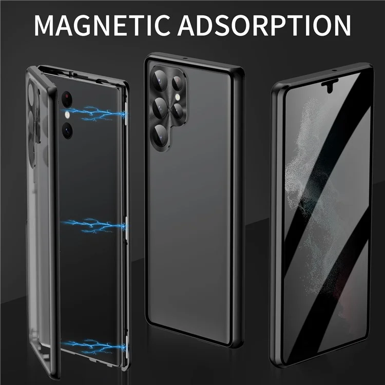 Para Samsung Galaxy S23 Ultra Funda Adsorción Magnética Funda de Teléfono con Cristal Templado Antipeep Doble Cara - Negro