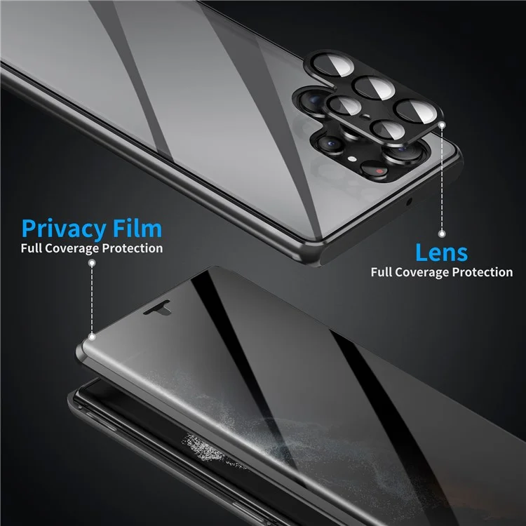 Para Samsung Galaxy S23 Ultra Funda Adsorción Magnética Funda de Teléfono con Cristal Templado Antipeep Doble Cara - Negro