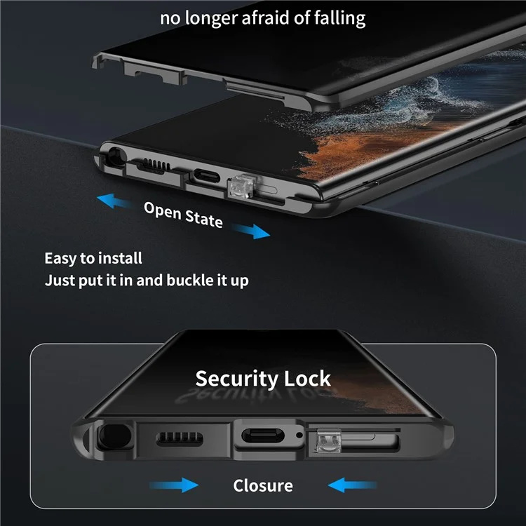 Für Samsung Galaxy S23 Ultra-anti-peep-einseitige, Temperamentige Glas+pc-panel Anti-kratzer-telefonabdeckung Mit Sicherheitsschnallen Und Magnetischem Adsorption Metallrahmen - Schwarz