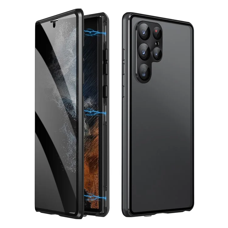Para Samsung Galaxy S23 Ultra Funda Adsorción Magnética Funda de Teléfono con Cristal Templado Antipeep Doble Cara - Negro