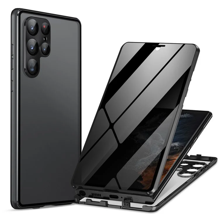 Para Samsung Galaxy S23 Ultra Funda Adsorción Magnética Funda de Teléfono con Cristal Templado Antipeep Doble Cara - Negro