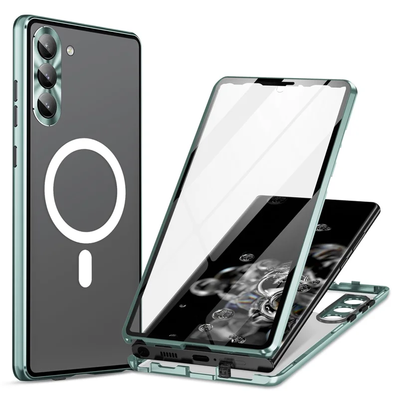 PC Metal Tempered Glass Case for Samsung Galaxy S23 Matte Phone Case with Lens Cover / Lock - Green