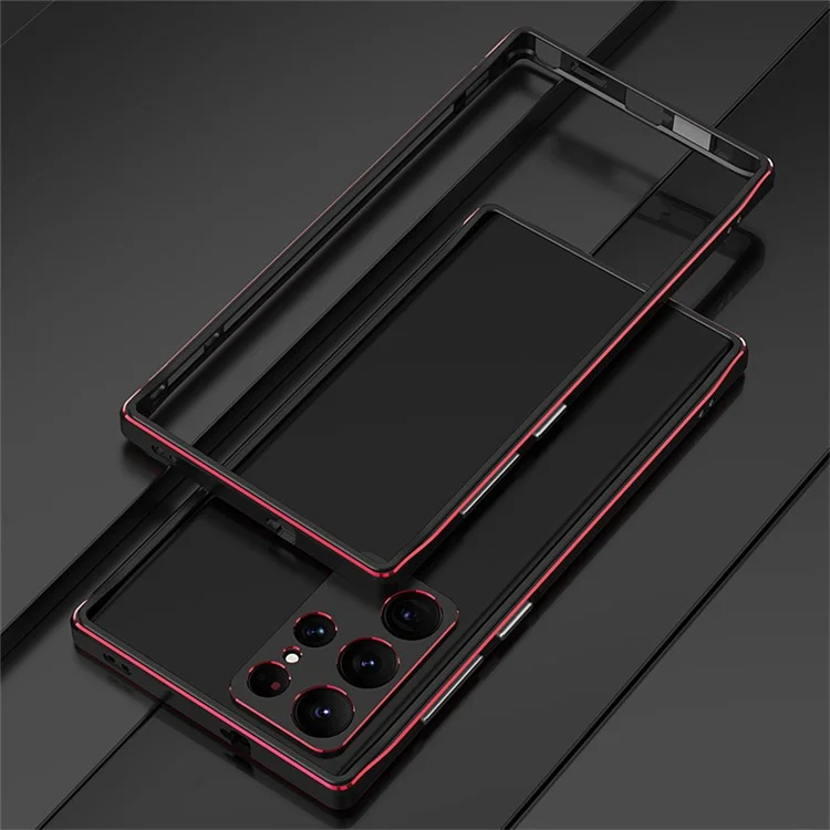 For Samsung Galaxy S23 Ultra Metal Frame Phone Bumper Case with Camera Lens Cover - Black  /  Red