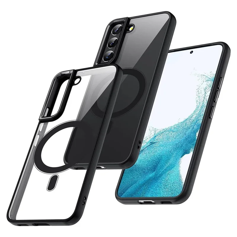 For Samsung Galaxy S23 Magnetic Phone Case Transparent Acrylic Back TPU Frame Phone Cover - Black
