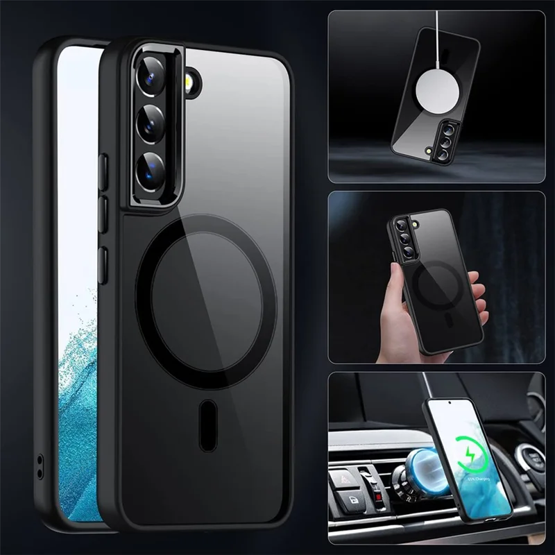 For Samsung Galaxy S23 Magnetic Phone Case Transparent Acrylic Back TPU Frame Phone Cover - Black