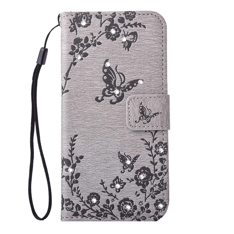 Imprinted Butterfly Flowers Rhinestone Leather Wallet Case for Samsung Galaxy S7 SM-G930 - Grey